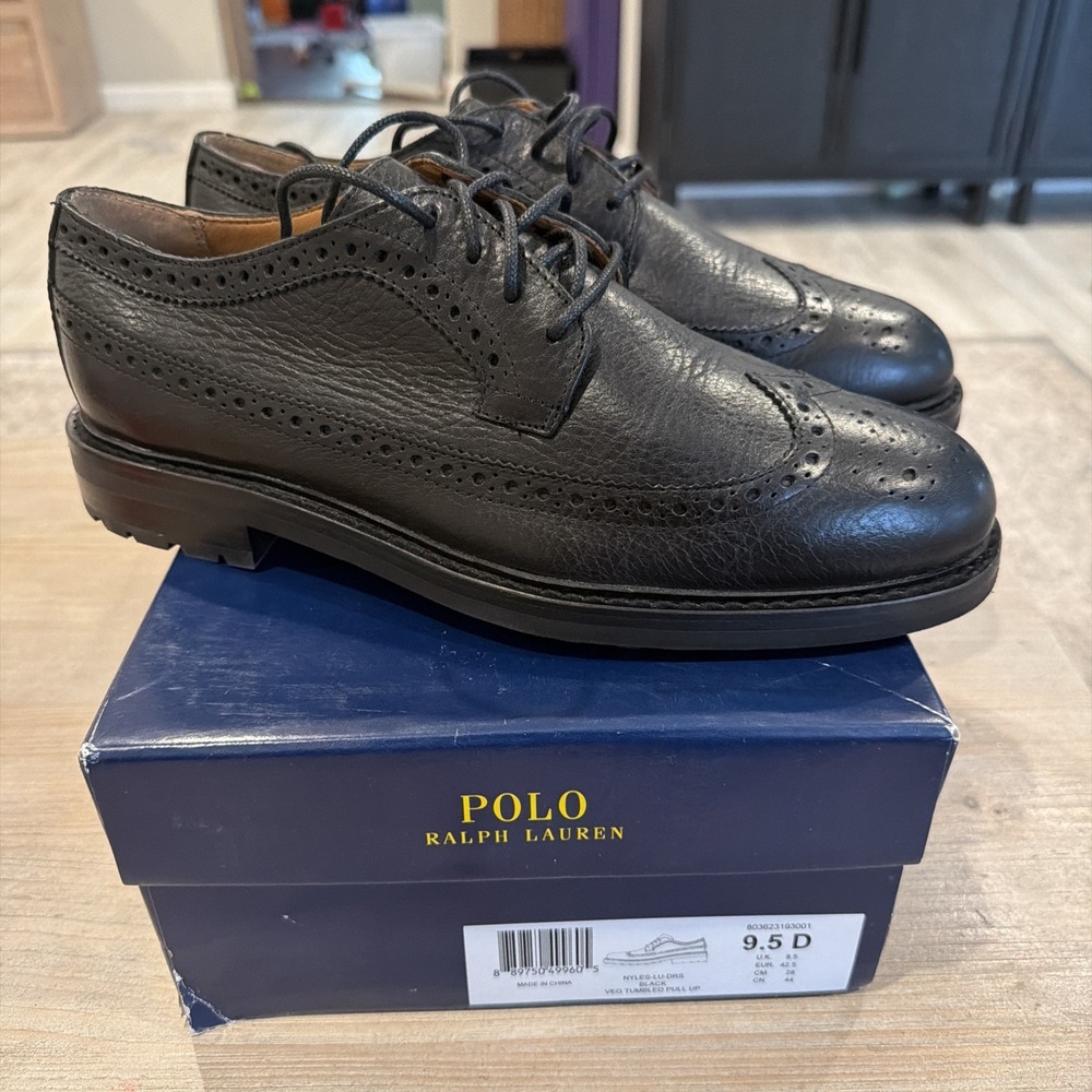 Polo Ralph Lauren Men's 9.5 Nyles Wingtips Black Leather Oxford Dress Shoes